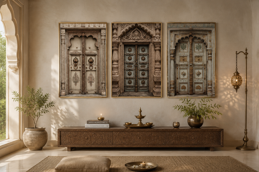 Set of 3 canvas prints featuring ornate beige and gold Mughal-style Indian doors in a neutral room.