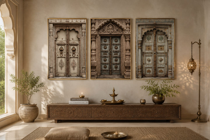 Set of 3 canvas prints featuring ornate beige and gold Mughal-style Indian doors in a neutral room.