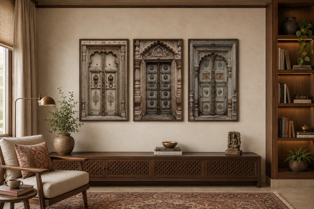 Set of 3 Mughal-style Indian door canvas prints in beige and gold above a dark wood console.