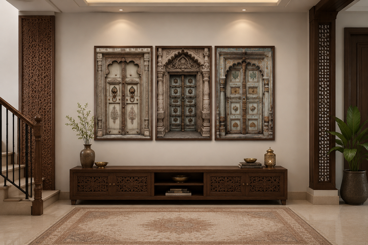 Set of 3 beige and gold Mughal-style Indian door canvas prints displayed above a wooden console.