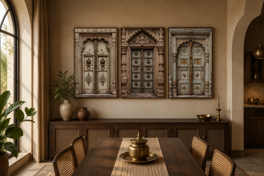 Set of 3 canvas prints featuring ornate Mughal-style Indian doors in beige and gold tones.