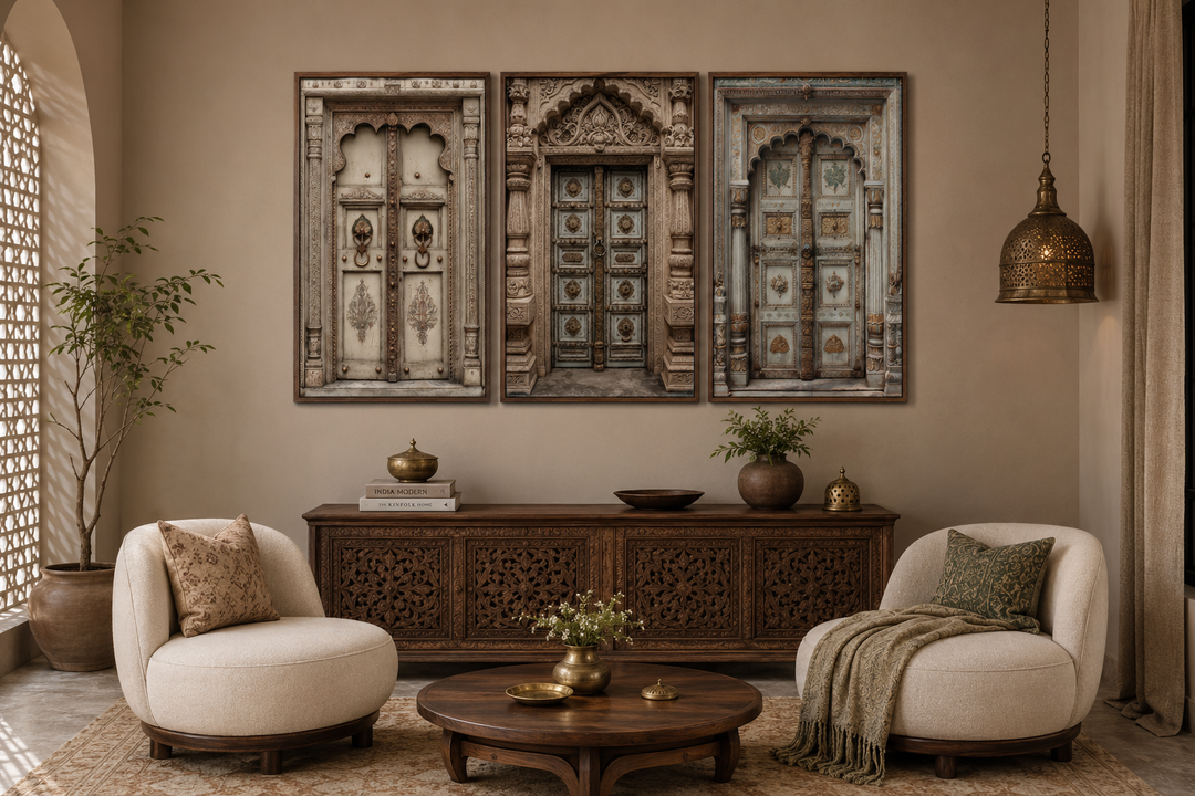 Set of 3 Mughal-style Indian door canvas prints in beige and gold above a carved wooden console.