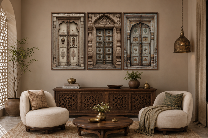 Set of 3 Mughal-style Indian door canvas prints in beige and gold above a carved wooden console.