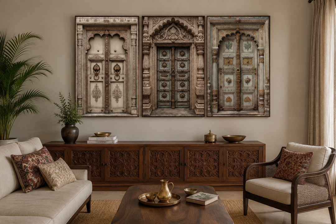 Set of 3 Mughal-style Indian door canvas prints in beige and gold above a carved wooden sideboard.