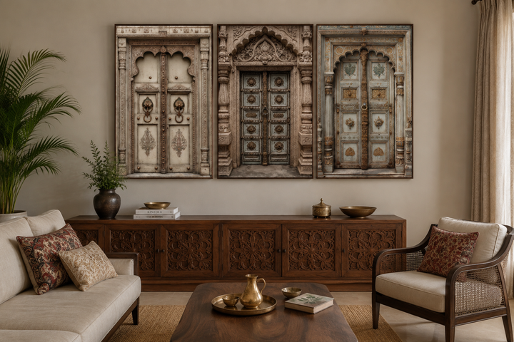 Set of 3 Mughal-style Indian door canvas prints in beige and gold above a carved wooden sideboard.