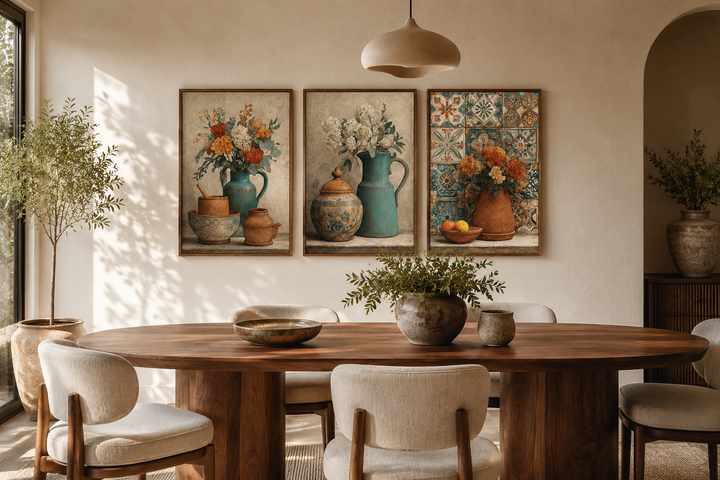Set of 3 rustic canvas prints featuring floral pottery and vases in a warm dining room setting.