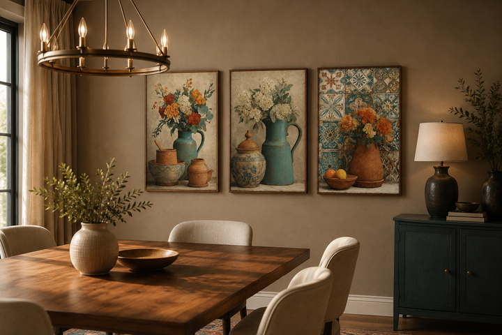 Set of 3 vertical canvas prints featuring rustic floral pottery and vases in a dining room setting.