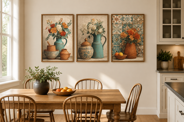 Set of 3 rustic canvas prints featuring floral pottery and vases in a warm dining room setting.