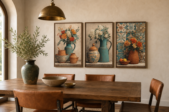 Set of 3 rustic canvas prints featuring floral pottery and vases in a warm dining room setting.