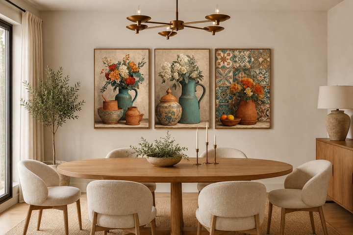 Set of 3 rustic dining room canvas prints featuring floral pottery and vases in warm earthy tones.