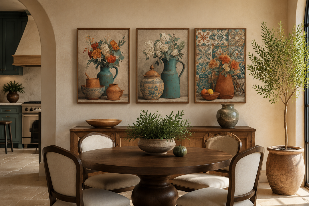 Set of 3 rustic canvas prints featuring floral pottery and vases in a warm dining room setting.
