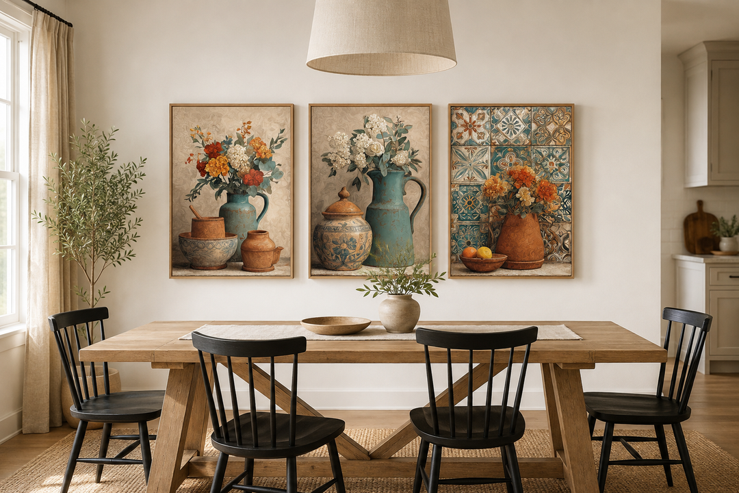 Set of 3 rustic canvas prints featuring floral pottery and vases above a wooden dining table.