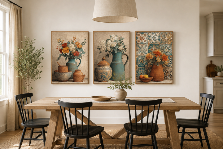 Set of 3 rustic canvas prints featuring floral pottery and vases above a wooden dining table.
