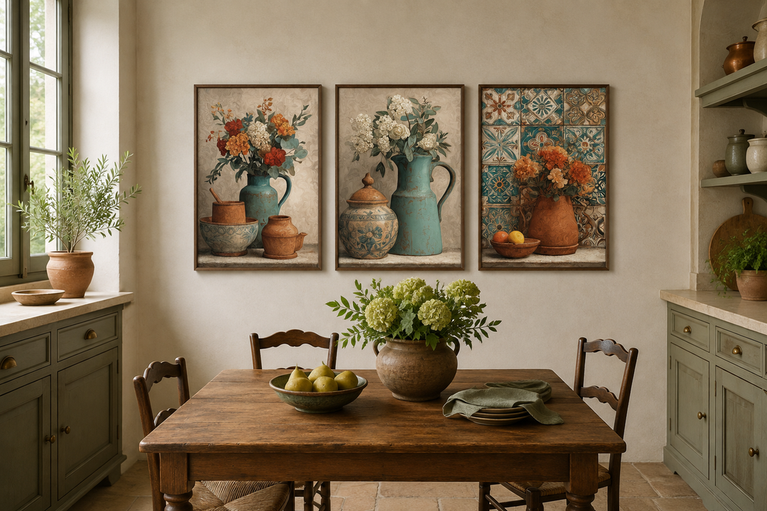 Set of 3 rustic canvas prints featuring floral pottery and vases in a warm dining room setting.