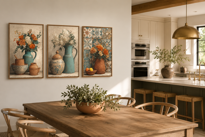 Set of 3 rustic canvas prints featuring floral pottery and vases in a warm dining room setting.