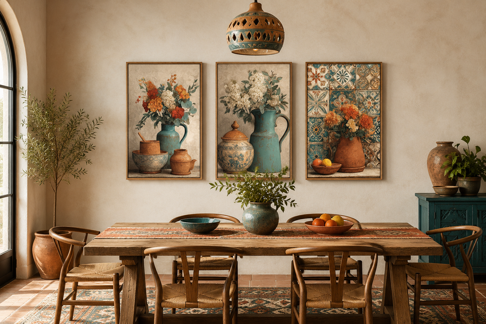 Set of 3 rustic dining room canvas prints featuring floral pottery and vases in earthy tones.