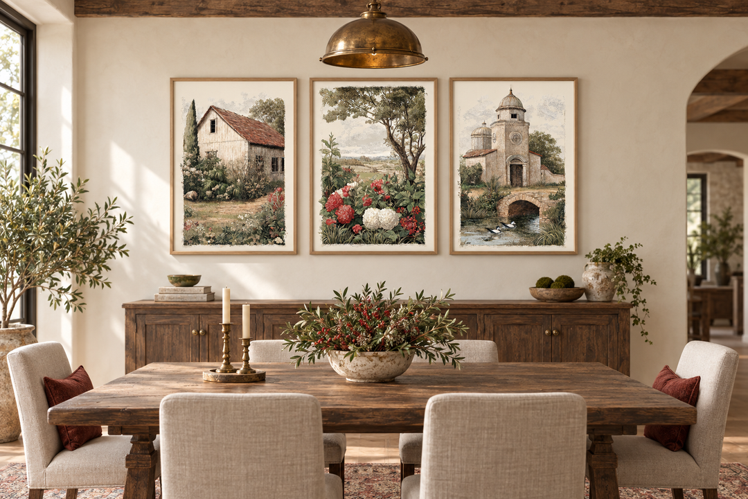Set of 3 farmhouse wall art prints featuring a rustic barn, garden flowers, and a country church.