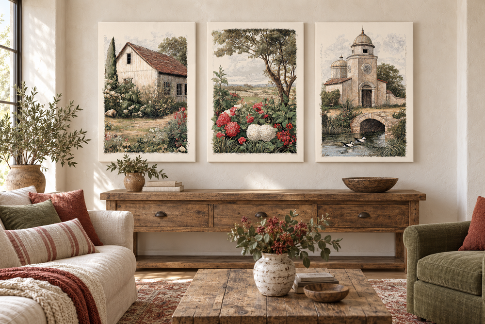 Set of 3 farmhouse wall art prints featuring a rustic barn, garden flowers, and a country church.