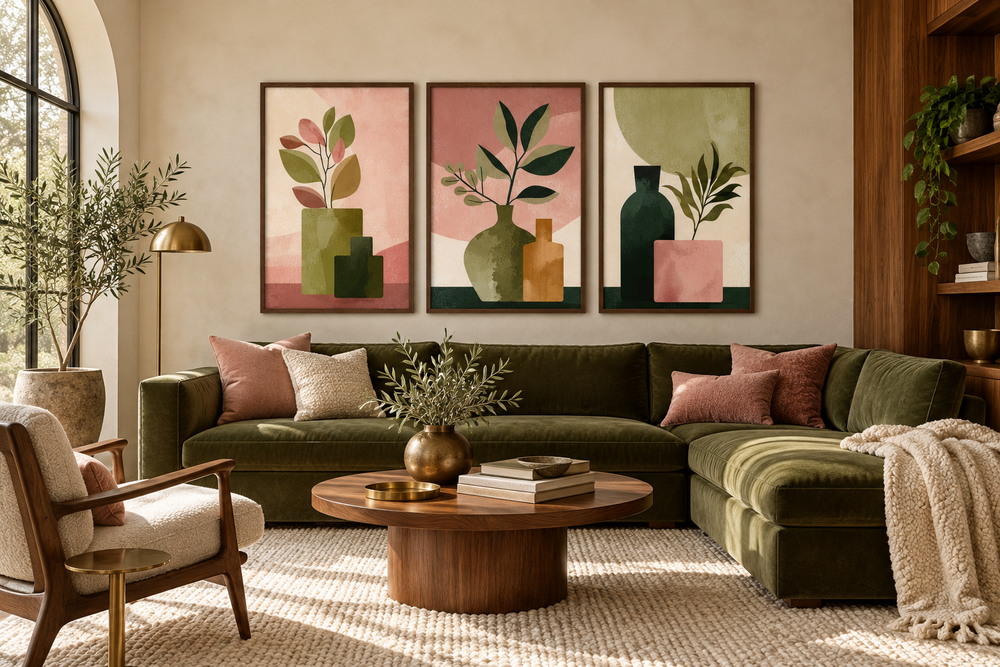 Set of 3 framed minimalist botanical prints with blush pink and olive green vases and leaves.