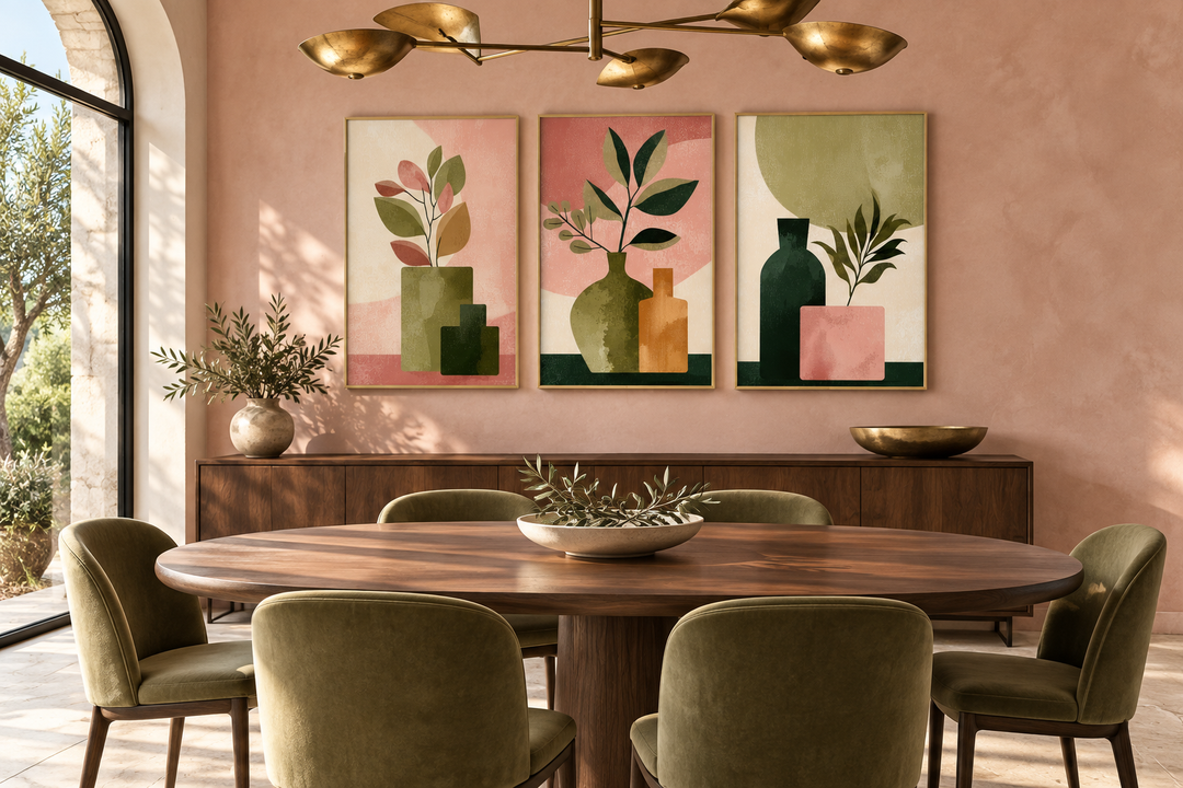 Set of 3 framed minimalist botanical prints with blush pink and olive green vases and leaves.