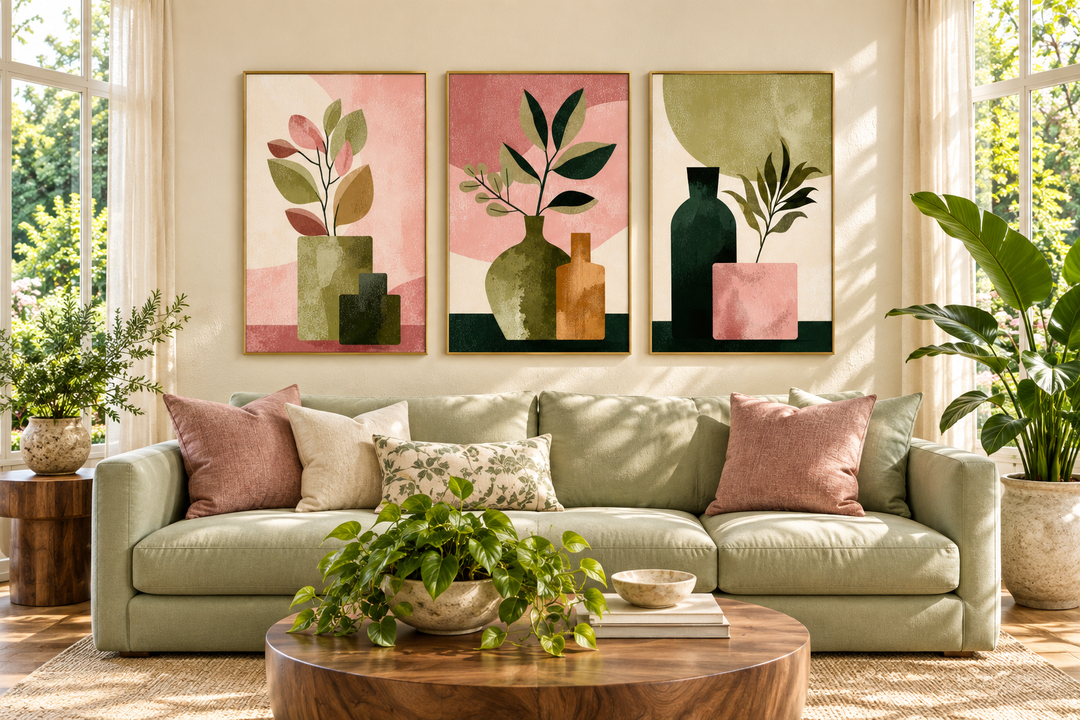 Set of 3 framed minimalist botanical art prints with blush pink and olive green vases and leaves.