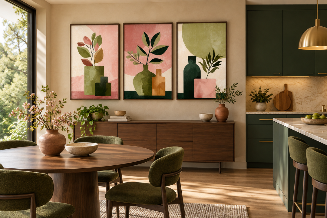 Set of 3 framed minimalist botanical wall art featuring blush pink backgrounds and olive green vases.
