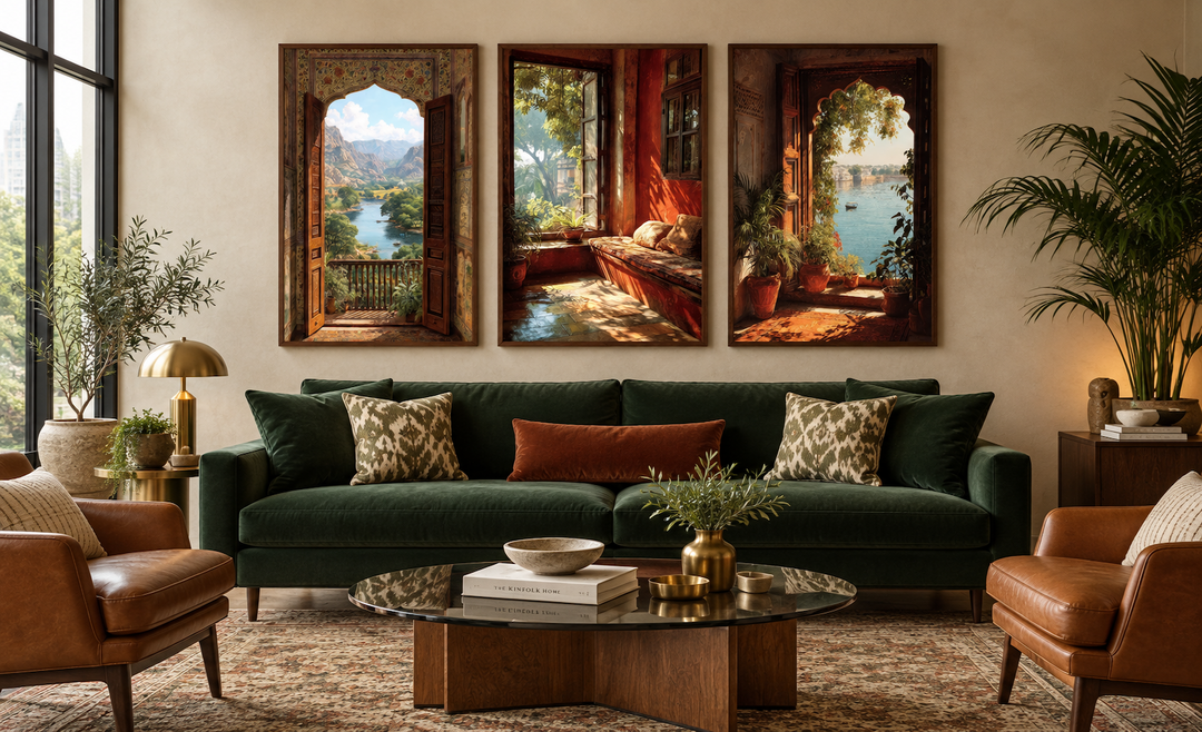 Set of 3 vertical framed canvas prints showing Indian window views of lake and garden landscapes.