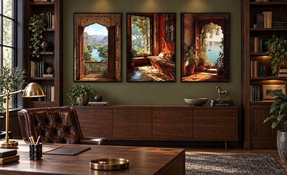 Set of 3 vertical framed canvas prints showing Indian window views of lake and garden landscapes.