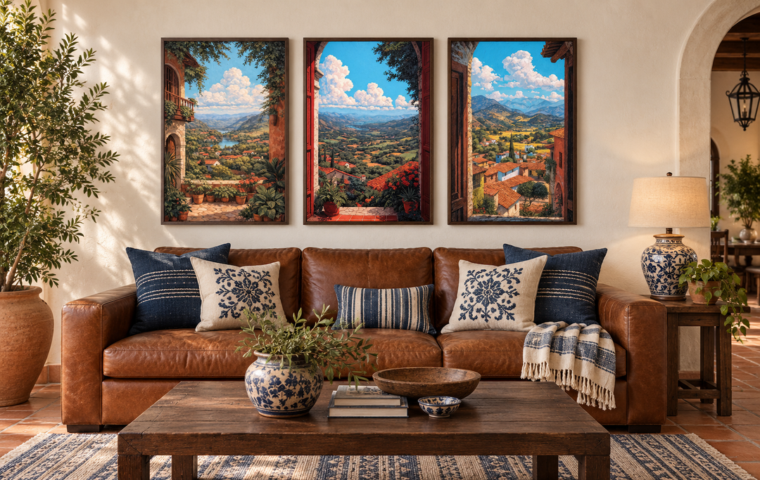 Set of 3 vertical canvas prints showing colorful Mexican landscapes through arched window frames.