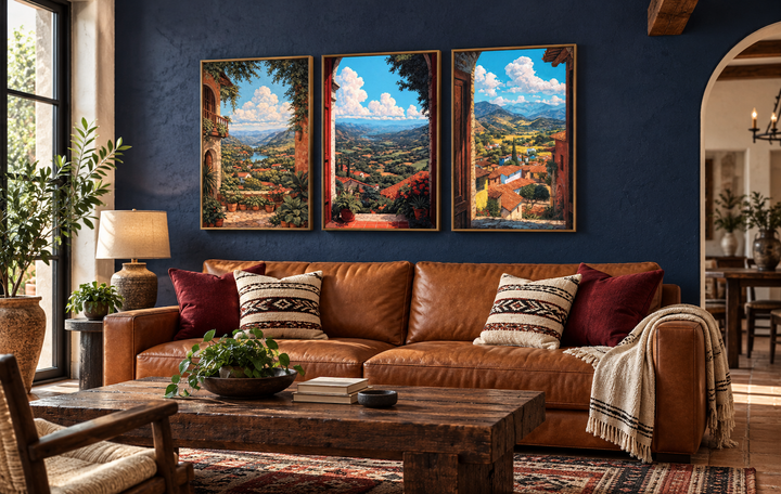 Set of 3 vertical canvas prints showing colorful Mexican landscapes through arched window frames.