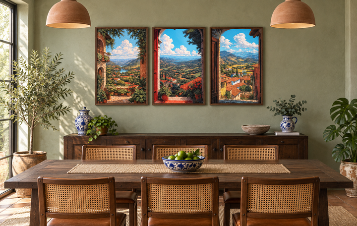 Set of 3 vertical canvas prints showing colorful Mexican landscapes through arched window frames.