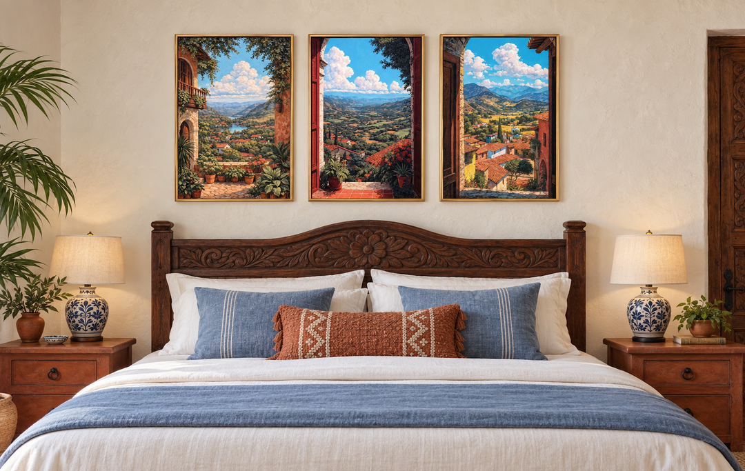 Set of 3 vertical canvas prints showing colorful Mexican landscapes through arched window frames.