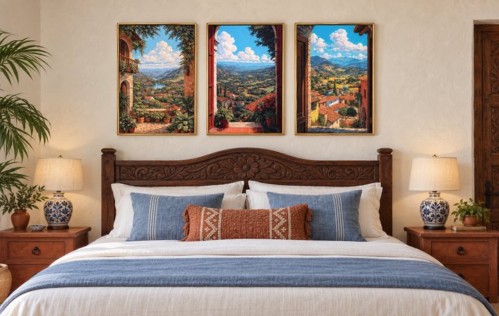 Set of 3 vertical canvas prints showing colorful Mexican landscapes through arched window frames.