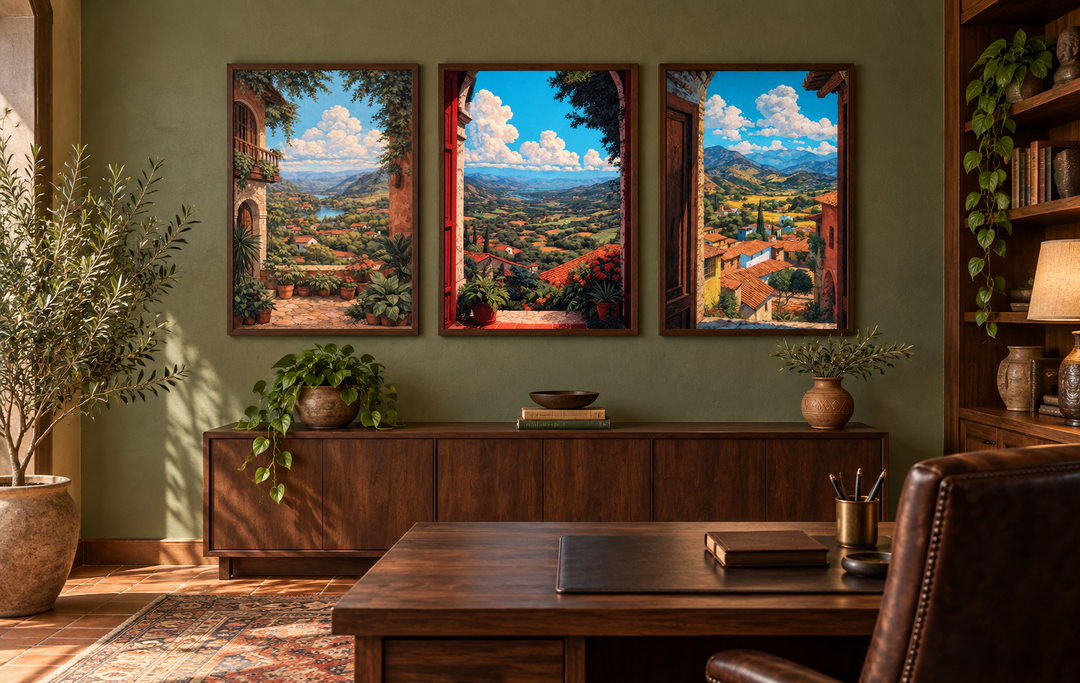 Set of 3 vertical canvas prints showing colorful Mexican landscapes through dark wood window frames.