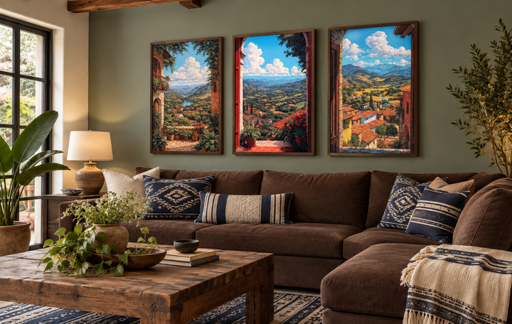 Set of 3 vertical canvas prints showing colorful Mexican landscapes through arched window frames.