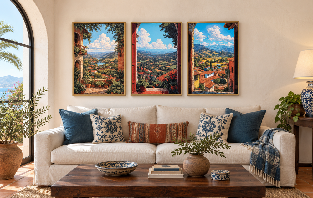 Set of 3 vertical canvas prints showing colorful Mexican landscapes through arched window frames.