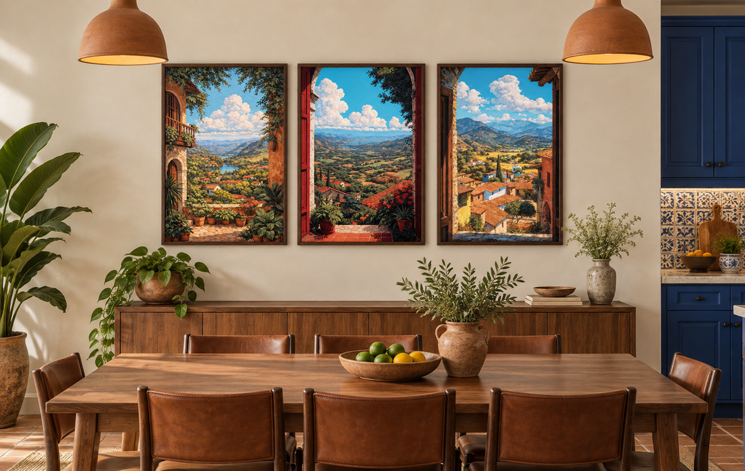 Set of 3 vertical canvas prints showing colorful Mexican landscapes through arched window frames.