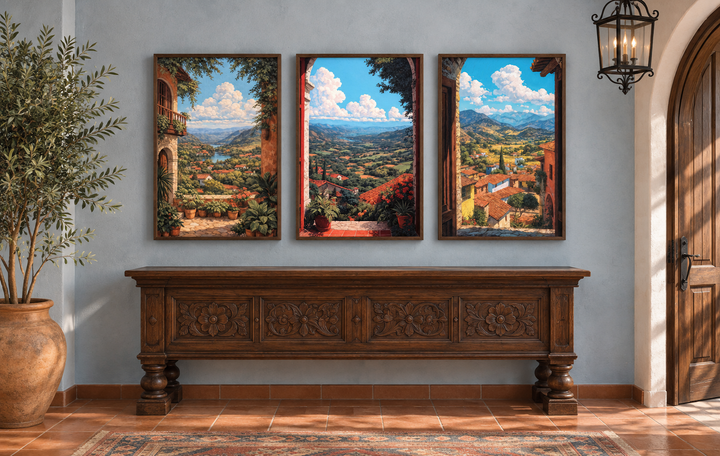 Set of 3 vertical canvas prints showing colorful Mexican landscapes through dark wood window frames.