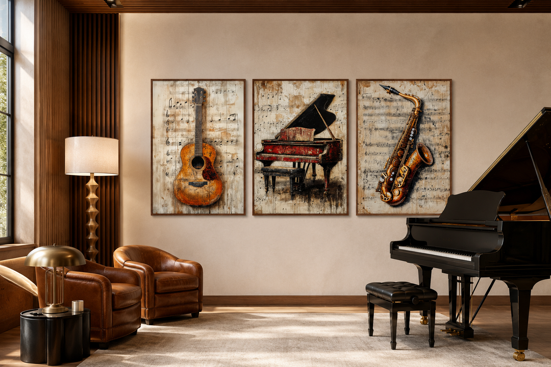 Set of 3 music wall art prints featuring a guitar, piano, and saxophone over sheet music backgrounds.