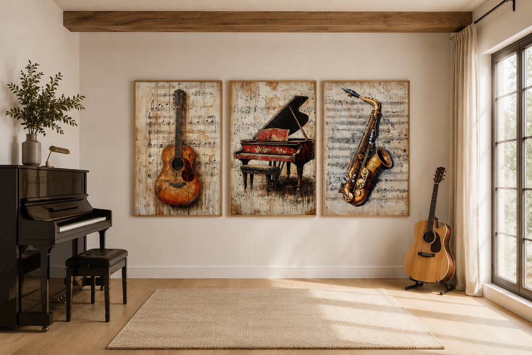 Set of 3 music wall art prints featuring a guitar, piano, and saxophone over sheet music backgrounds.