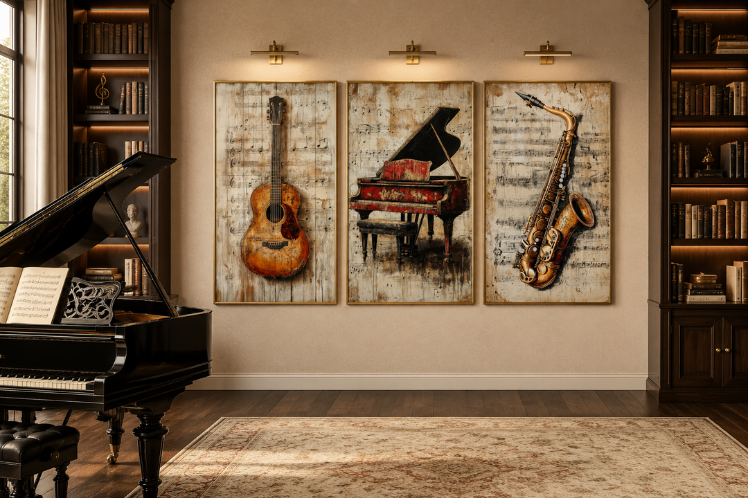 Set of 3 music wall art prints featuring a guitar, piano, and saxophone over sheet music backgrounds.