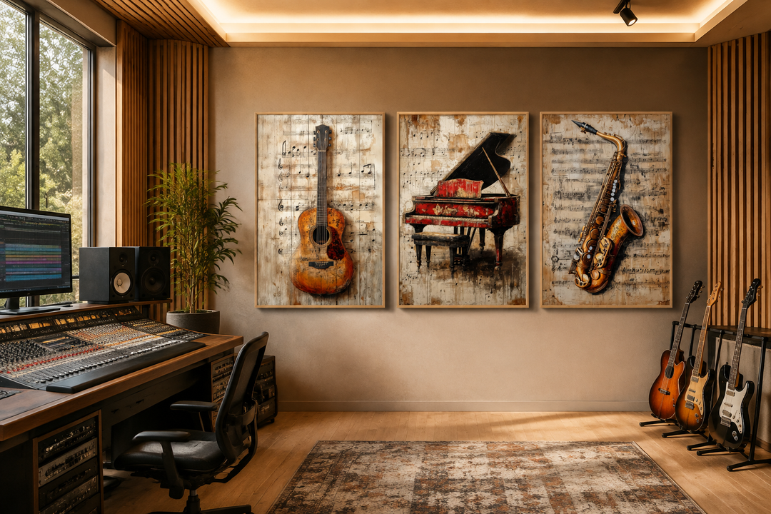 Set of 3 music wall art prints featuring a guitar, piano, and saxophone over sheet music backgrounds.