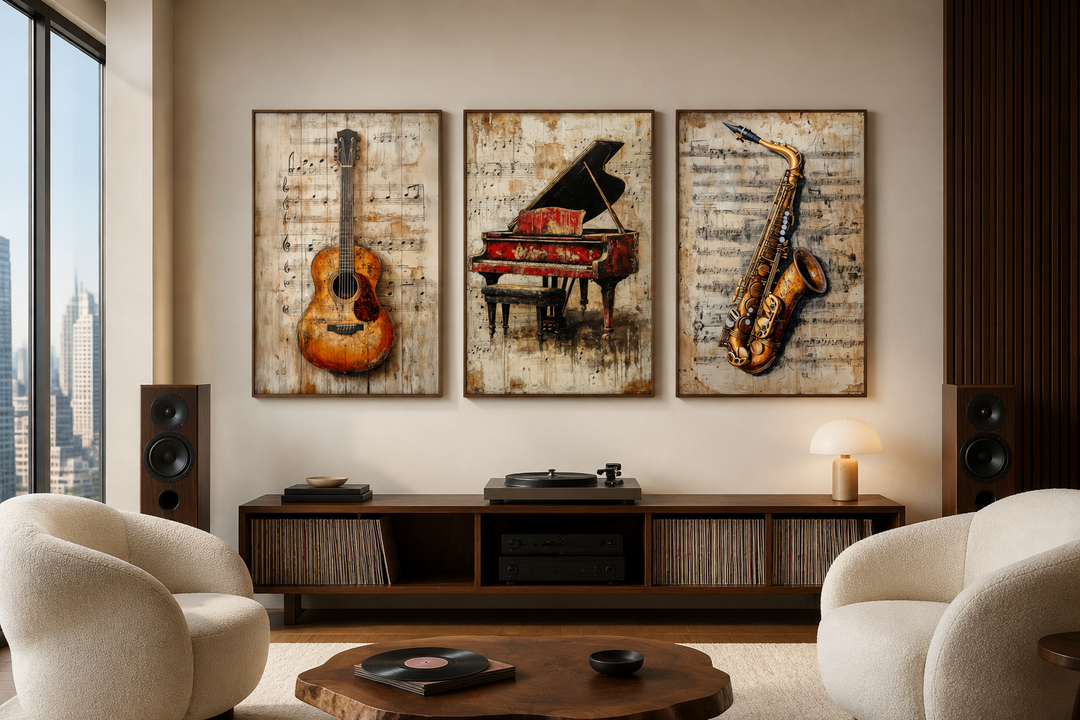 Set of 3 music wall art prints featuring a guitar, piano, and saxophone over musical notes.