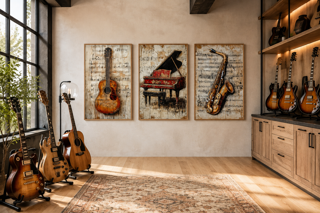 Set of 3 music wall art prints featuring a guitar, piano, and saxophone over sheet music backgrounds.