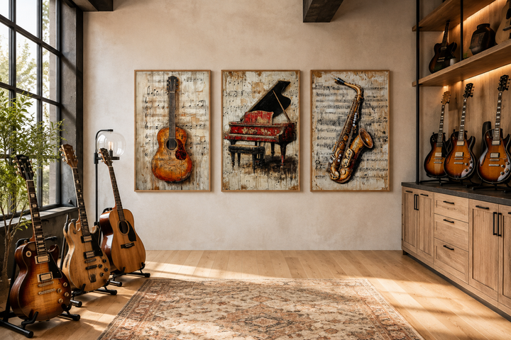 Set of 3 music wall art prints featuring a guitar, piano, and saxophone over sheet music backgrounds.