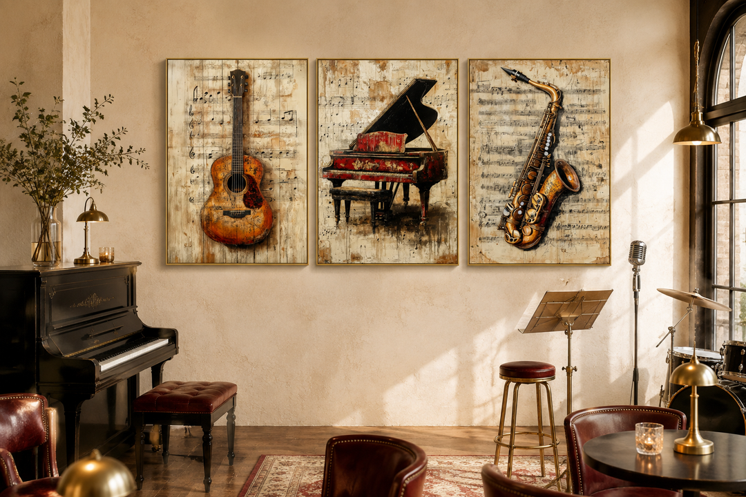 Set of 3 music wall art prints featuring a guitar, piano, and saxophone over sheet music backgrounds.