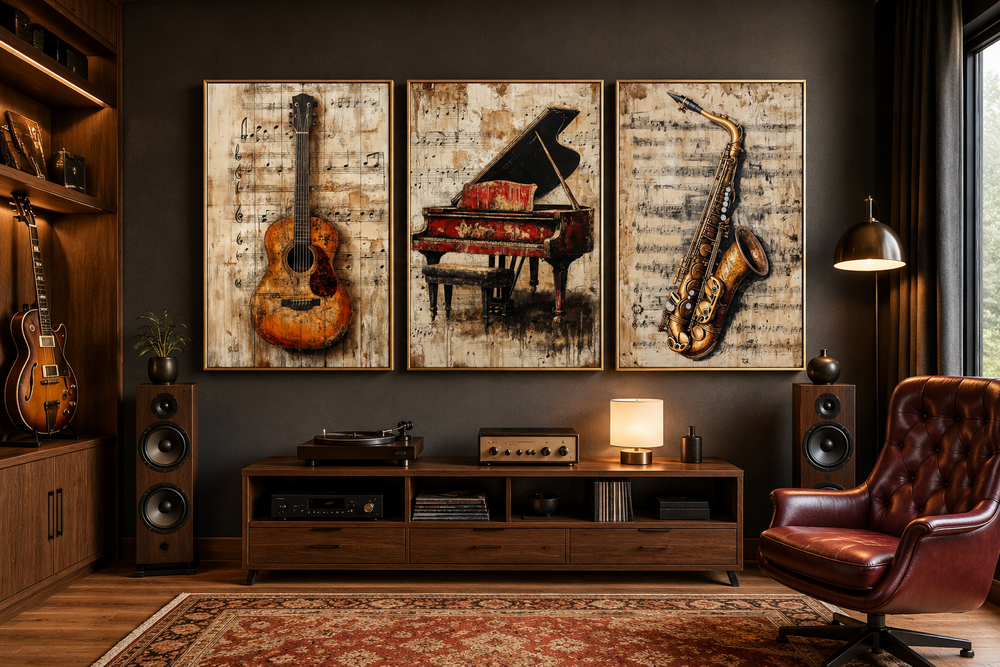 Set of 3 music wall art canvas prints featuring a piano, guitar, and saxophone on sheet music.