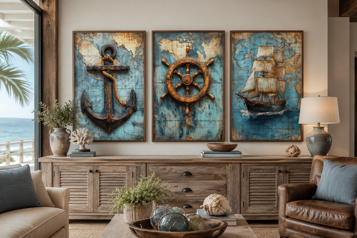 Set of 3 nautical wall art featuring a vintage ship, anchor, and helm over blue antique maps.