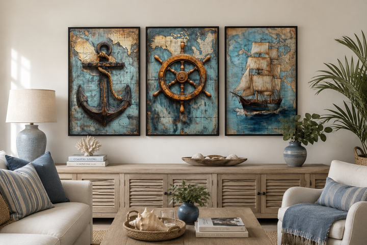 Set of 3 nautical wall art featuring a vintage ship, anchor, and helm over antique blue maps.