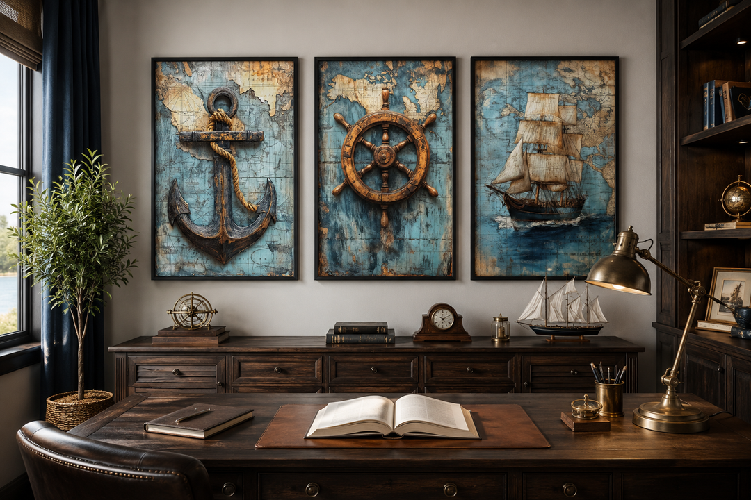 Set of 3 nautical wall art featuring a vintage ship, anchor, and helm on antique blue maps.